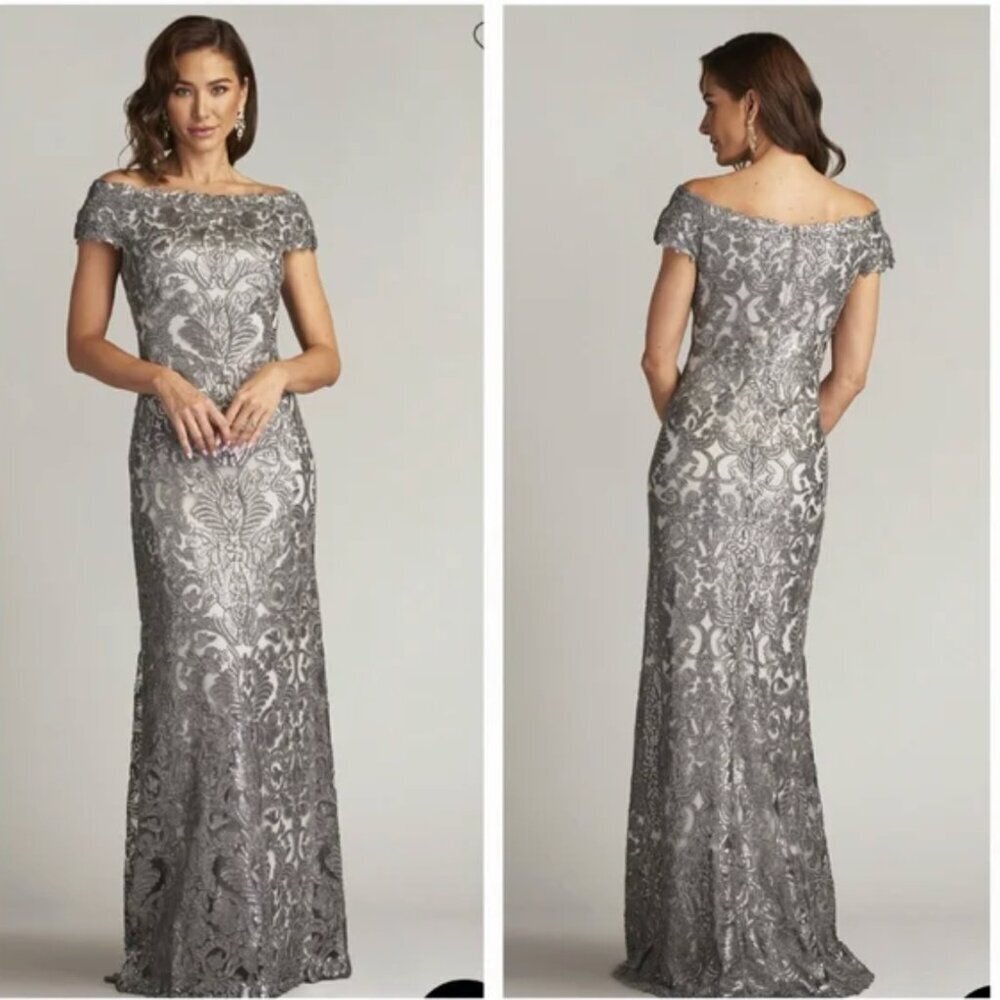 Tadashi Shoji Odette Gown Off Shoulder Sequin Mesh Column Dress Silver Size 12